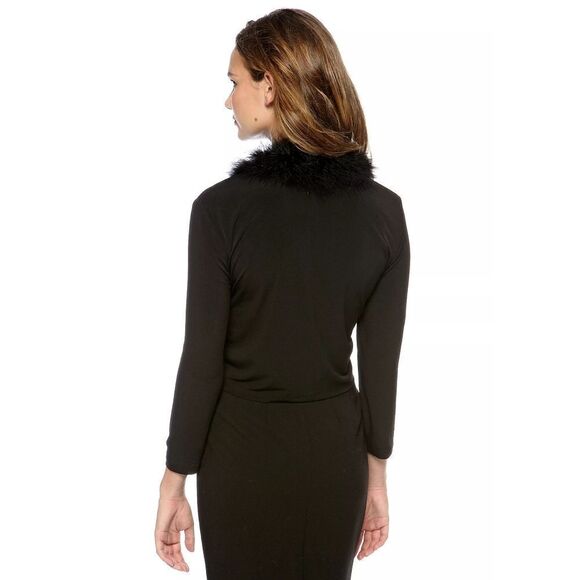 New! NEW DIRECTIONS Feather Trim Open-Front Cardigan Shrug Topper Black S - Picture 2 of 2